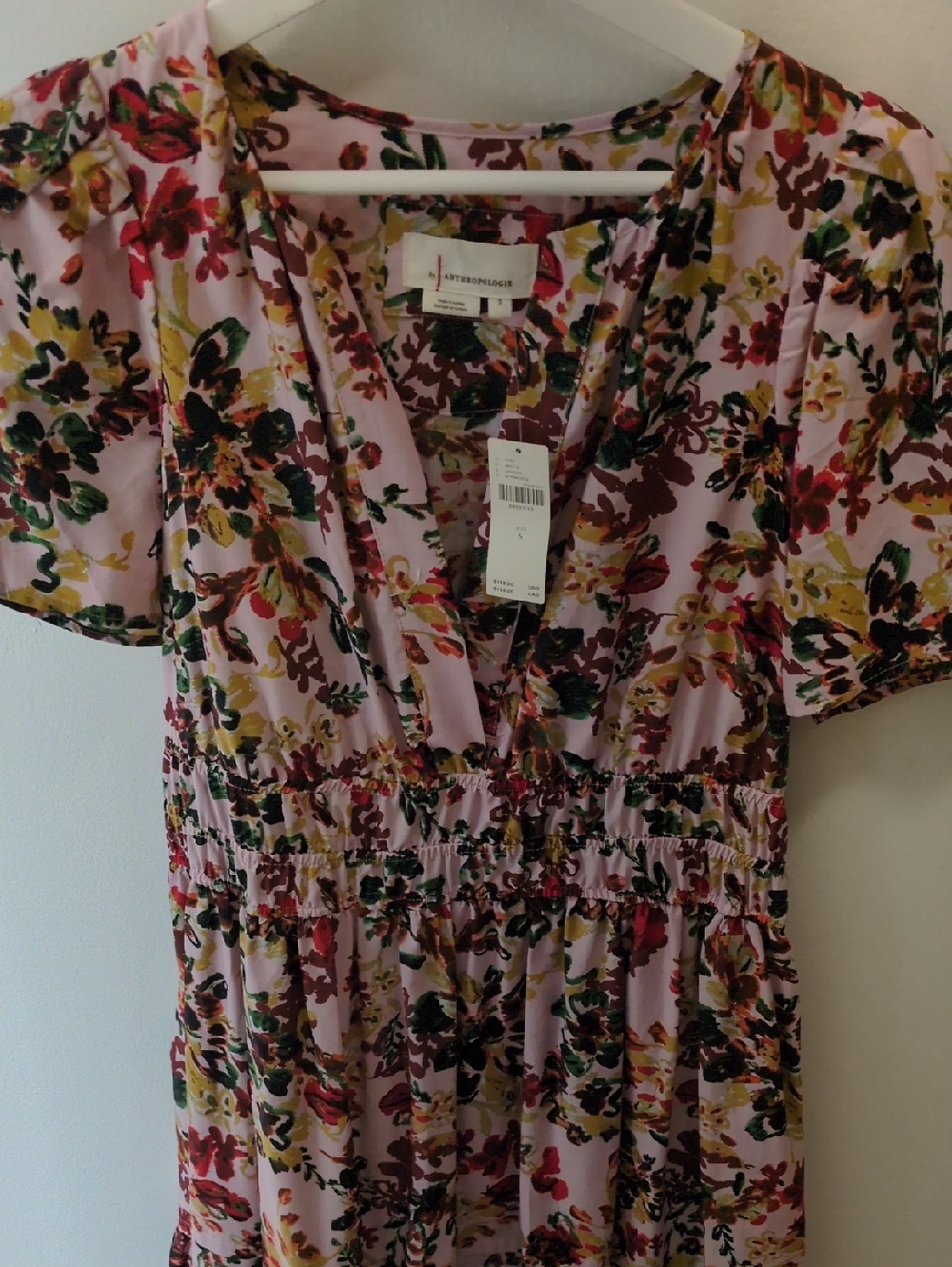 Anthropologie Pink Floral V-Neck Smocked Waist Dress